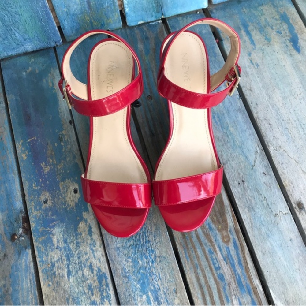 Nine West Patent Leather Strappy Cork Platforms 7.5